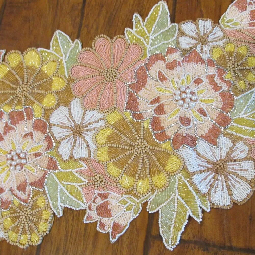 PIER 1 Floral Beaded Table Runner 15 in x 36 in Pink Yellow Peach Mums Daisies